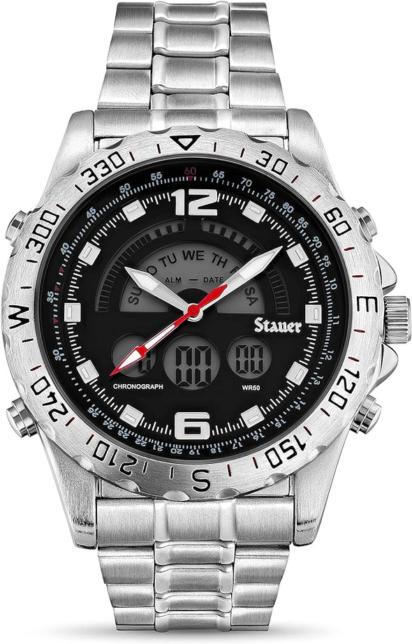 Stauer Compendium Hybrid Stainless Steel Watch for Men – Mens Watches w/Analog & Digital Functions – Water Resistant Men's Wrist Watches – Hybrid Watches for Men w/Alloy Case – Stylish Gifts for Men