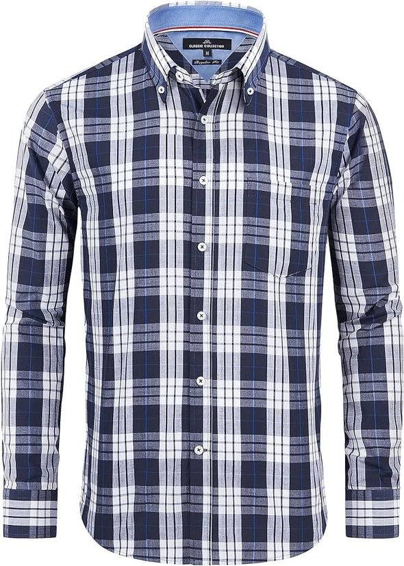 Men's Plaid Button Down Shirts Cotton Long Sleeve Dress Shirts Regular Fit Gingham Shirts