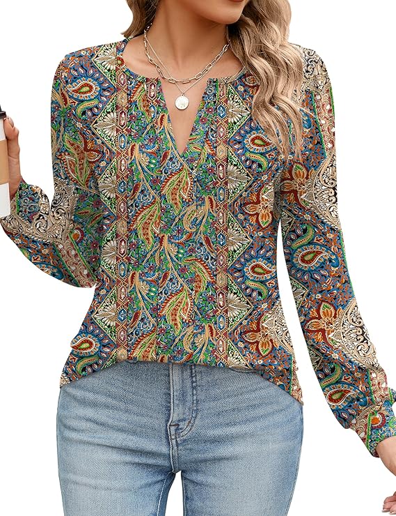 Womens Long Sleeve Shirts Puff Sleeve V Neck Pleated Shirts Loose Fit Blouses for Dressy Casual 2024 Fall Tops