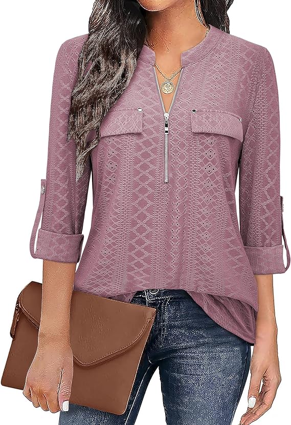 Women's Zip Front V-Neck 3/4 Sleeve Tunic Casual Top