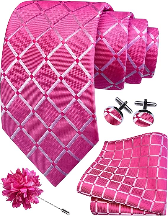 Mens Tie and Lapel Pin Plaid Checkered Necktie Hankerchief Cufflinks Set for Men