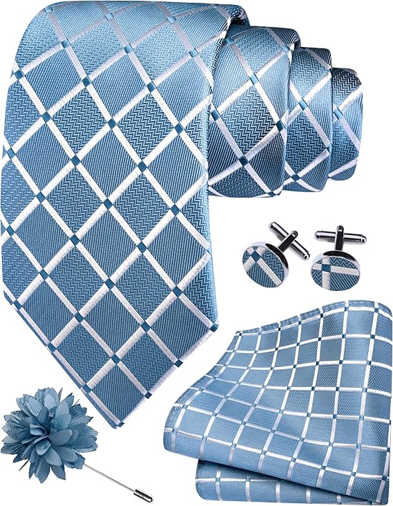 Mens Tie and Lapel Pin Plaid Checkered Necktie Hankerchief Cufflinks Set for Men