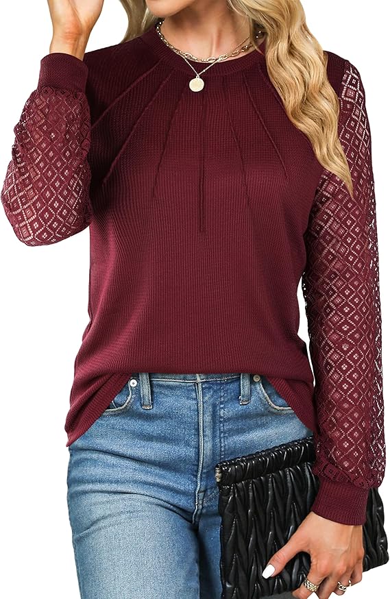 Women's Waffle Knit Tops Dressy Business Casual Blouses Lace Long Sleeve Work Shirts Fall Clothes