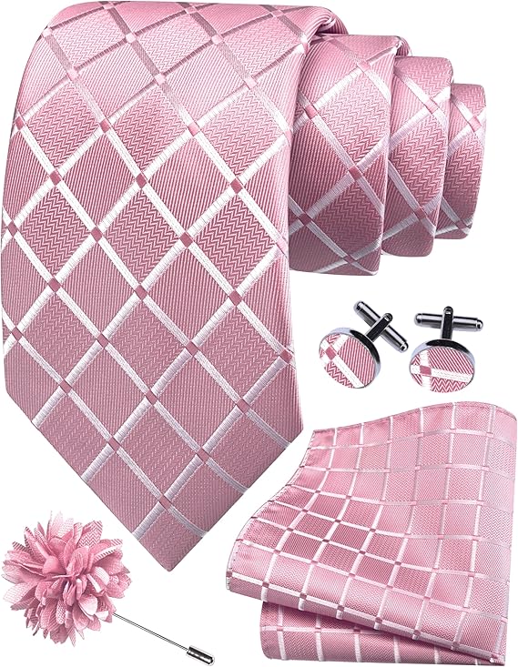 Mens Tie and Lapel Pin Plaid Checkered Necktie Hankerchief Cufflinks Set for Men