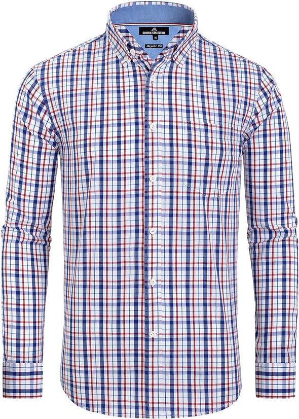 Men's Plaid Button Down Shirts Cotton Long Sleeve Dress Shirts Regular Fit Gingham Shirts