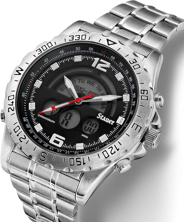 Stauer Compendium Hybrid Stainless Steel Watch for Men – Mens Watches w/Analog & Digital Functions – Water Resistant Men's Wrist Watches – Hybrid Watches for Men w/Alloy Case – Stylish Gifts for Men