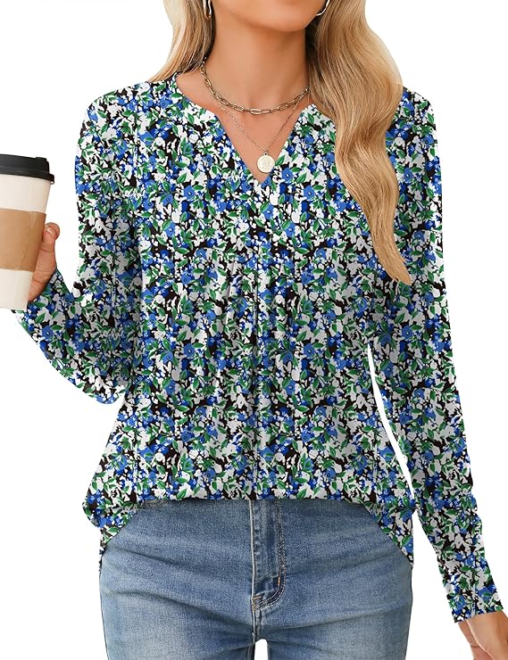 Womens Tops Fall 2024 Long Sleeve Blouses Dressy Casual V Neck Pleated Work Shirts