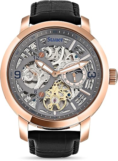 Stauer Automatic Watch for Men – Transparent-Faced Skeleton & Rose Gold-Finished Watch Case – Black Crocodile-Embossed Leather Watch Band