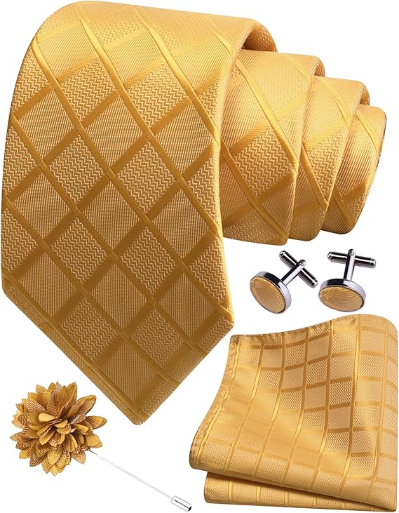 Mens Tie and Lapel Pin Plaid Checkered Necktie Hankerchief Cufflinks Set for Men
