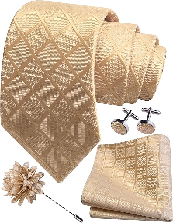 Mens Tie and Lapel Pin Plaid Checkered Necktie Hankerchief Cufflinks Set for Men