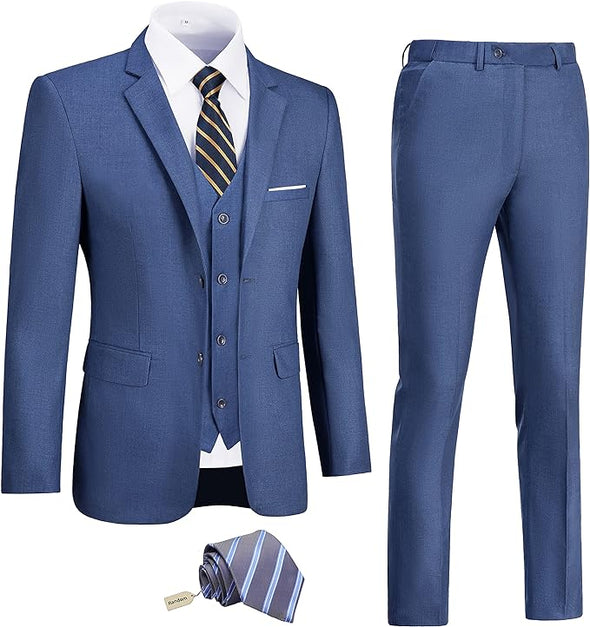 Men's Slim Fit 3 Piece Suit Two Button Business Wedding Dress Tux Suit Set Jacket Vest Pants with Tie