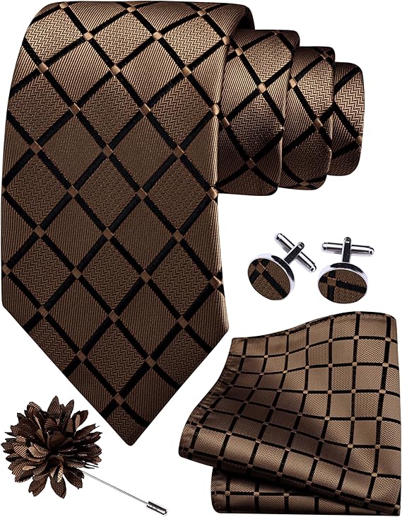 Mens Tie and Lapel Pin Plaid Checkered Necktie Hankerchief Cufflinks Set for Men