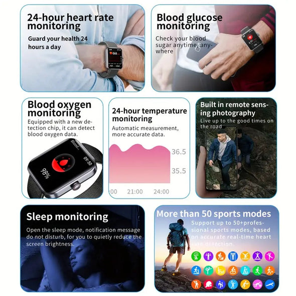 2024 Hot Selling Sports Smart Watch For Men Women Temperature Heart Rate Blood Oxygen Blood Pressure Glucose Body Temperature Monitoring Information Push Smart Watch
