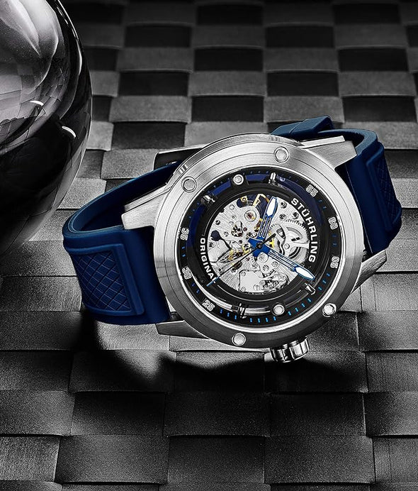 Original Mens Automatic Watch Skeleton Stainless Steel Self Winding Dress Watch with Rubber Strap 50MM (Silver Blue)