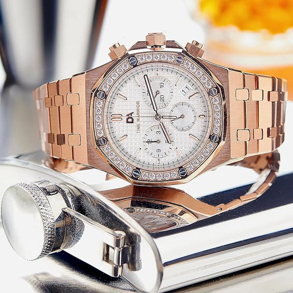 TIME WARRIOR Men's Watches DA Royalty Rose Gold Luxury Watch Chronograph 316 Stainless Steel, Blue Dial, Quartz Movement AP Style