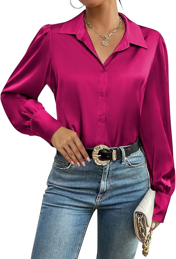 Womens Satin Blouse Lantern Long Sleeve Silk Button Down Shirt Dressy Casual Business Work