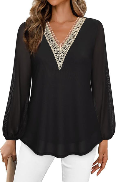 Women's Casual Long Sleeve Lace V Neck Double Layers Mesh Tunic Tops