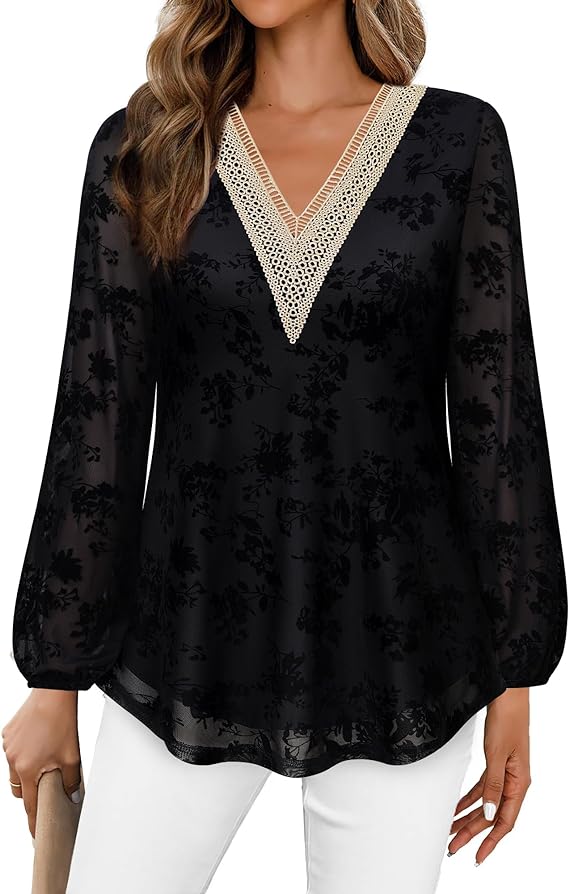 Women's Casual Long Sleeve Lace V Neck Double Layers Mesh Tunic Tops