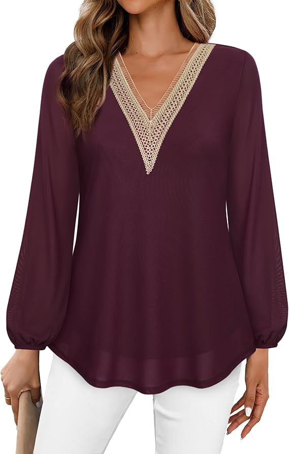 Women's Casual Long Sleeve Lace V Neck Double Layers Mesh Tunic Tops
