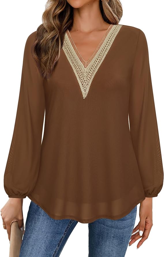 Women's Casual Long Sleeve Lace V Neck Double Layers Mesh Tunic Tops