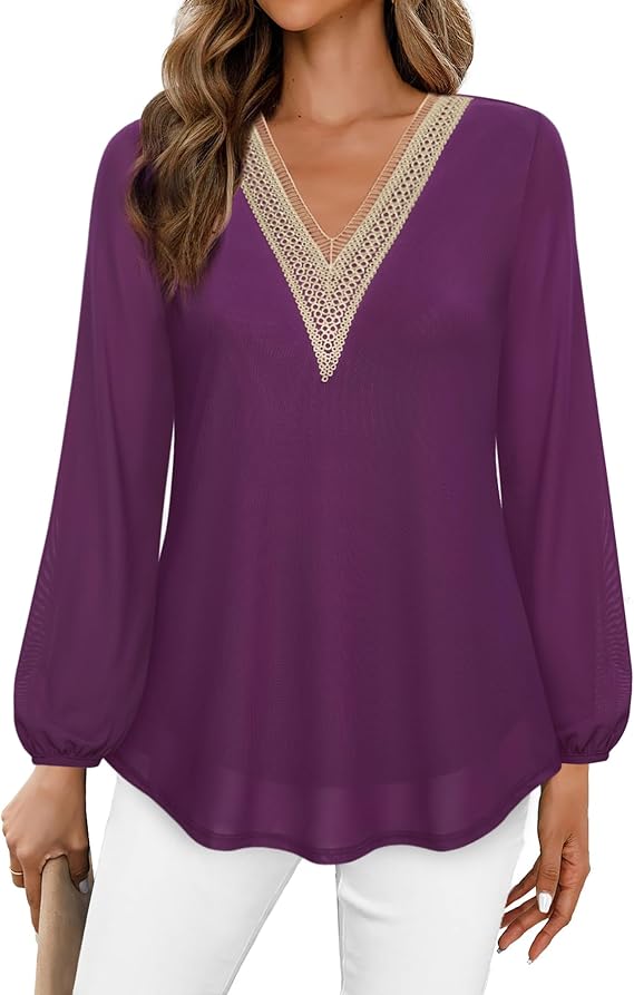 Women's Casual Long Sleeve Lace V Neck Double Layers Mesh Tunic Tops