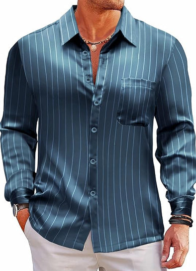 Satin Silk Shiny Lurex Dress Shirt Button Up Long Sleeve Wedding Party Casual Shirts