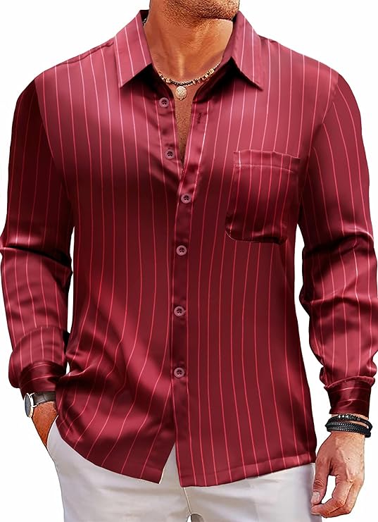 Satin Silk Shiny Lurex Dress Shirt Button Up Long Sleeve Wedding Party Casual Shirts