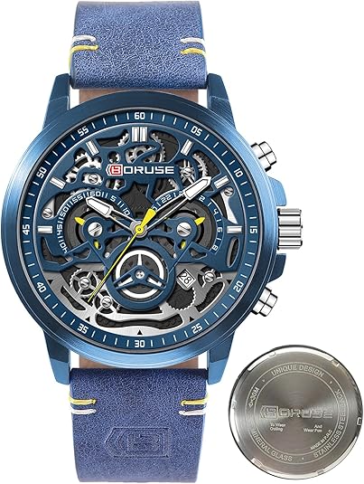 Watches for Men Business Chronograph Big Face Skeleton Quartz Watch Dress Classic Luminous Analog Calendar Waterproof Wristwatch for Leather Stra