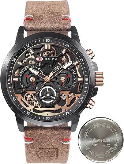 Watches for Men Business Chronograph Big Face Skeleton Quartz Watch Dress Classic Luminous Analog Calendar Waterproof Wristwatch for Leather Stra