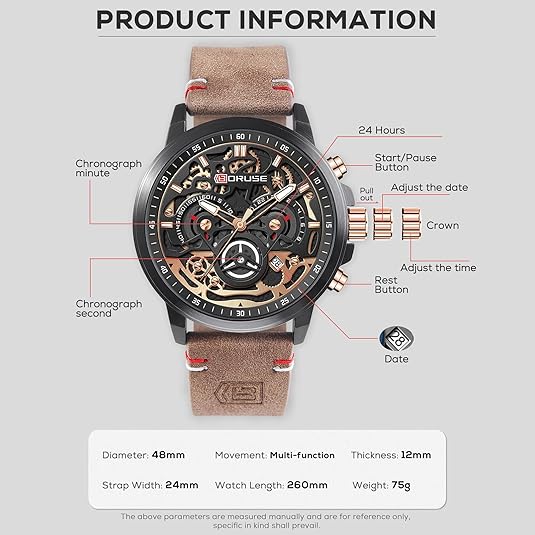 Watches for Men Business Chronograph Big Face Skeleton Quartz Watch Dress Classic Luminous Analog Calendar Waterproof Wristwatch for Leather Stra