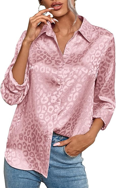 Women's Elegant Jacquard Long Sleeve Satin Button Down Shirt Blouse