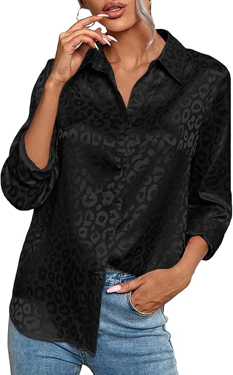 Women's Elegant Jacquard Long Sleeve Satin Button Down Shirt Blouse