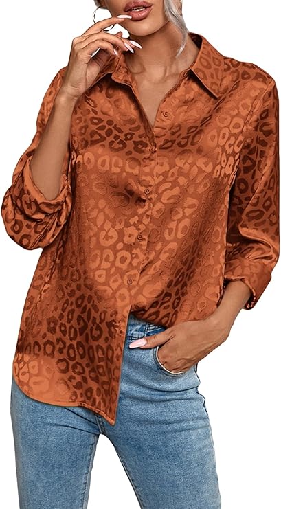 Women's Elegant Jacquard Long Sleeve Satin Button Down Shirt Blouse