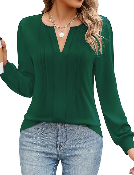 Womens Long Sleeve Shirts Puff Sleeve V Neck Pleated Shirts Loose Fit Blouses for Dressy Casual 2024 Fall Tops