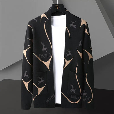 2025 Winter  New Men's Long Sleeve Knit Sweaters Casual Fashion Printed Cardigan Sweat
