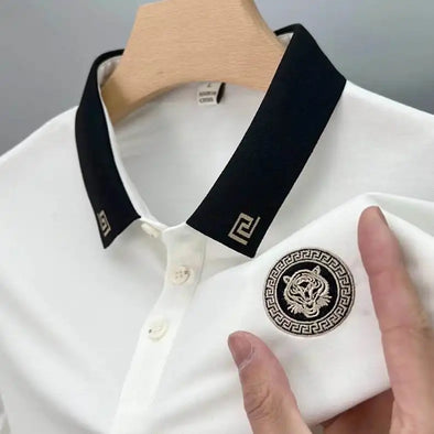 Men's summer new black and white short-sleeved T-shirt tiger embroidery loose large yards lapel polo shirt