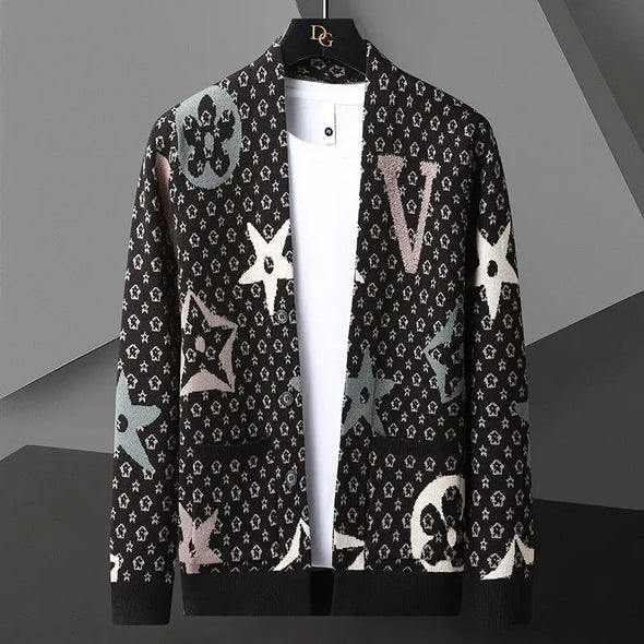 New Men Long Sleeved Cardigan Knit Sweaters Korean Fashion Printing Trend Sweater