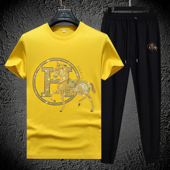 Luxury High Quality Two Piece Sets for Men Fashion Casual Hot Diamond Jewelry Short Sleeve Set