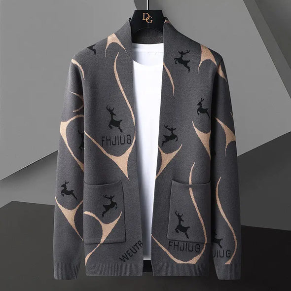 2025 Winter  New Men's Long Sleeve Knit Sweaters Casual Fashion Printed Cardigan Sweat