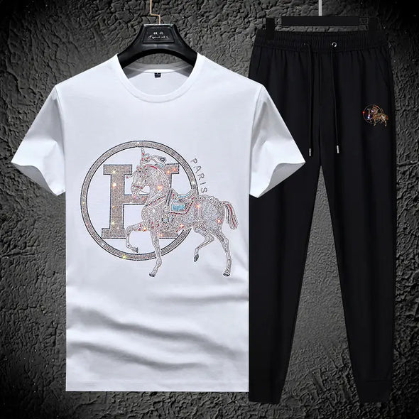 Luxury High Quality Two Piece Sets for Men Fashion Casual Hot Diamond Jewelry Short Sleeve Set