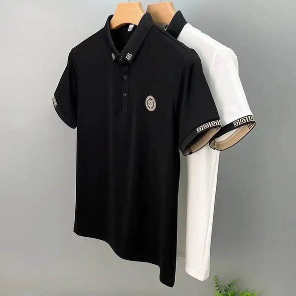 Men's summer new black and white short-sleeved T-shirt tiger embroidery loose large yards lapel polo shirt
