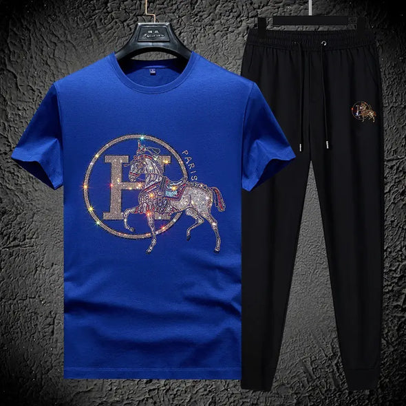 Luxury High Quality Two Piece Sets for Men Fashion Casual Hot Diamond Jewelry Short Sleeve Set