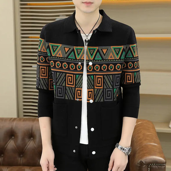New Autumn Men's Luxury Knitted Sweater Jacket Personality Fashion Jacquard Sweater Men's Coats