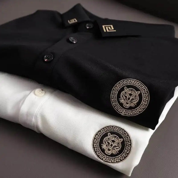 Men's summer new black and white short-sleeved T-shirt tiger embroidery loose large yards lapel polo shirt