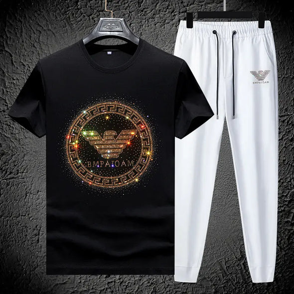 Luxury High Quality Two Piece Sets for Men Fashion Casual Hot Diamond Jewelry Short Sleeve Set