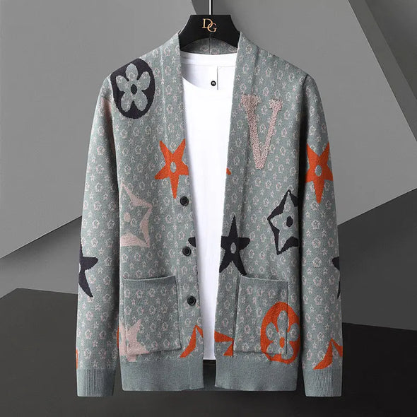 New Men Long Sleeved Cardigan Knit Sweaters Korean Fashion Printing Trend Sweater