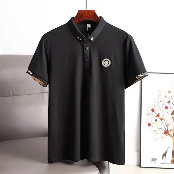 Men's summer new black and white short-sleeved T-shirt tiger embroidery loose large yards lapel polo shirt