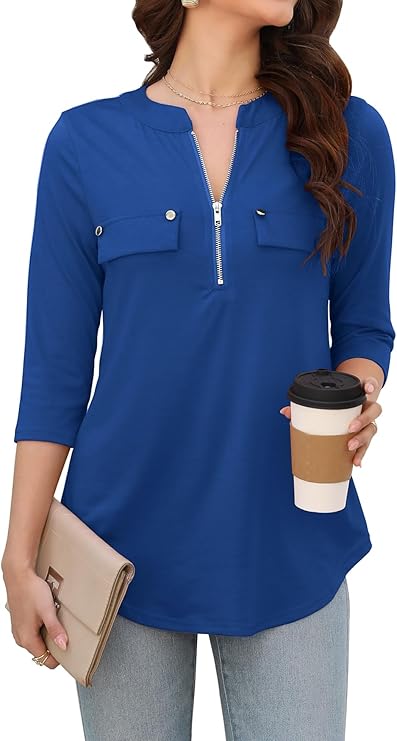 Womens 3/4 Sleeve Business Casual Tops Zip V Neck Work Tunic Blouses Shirts