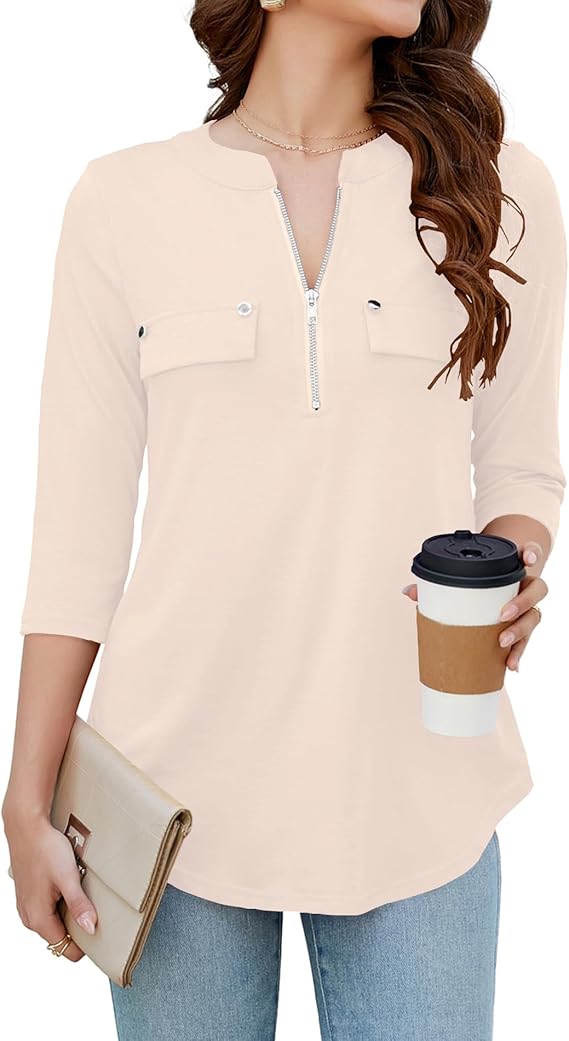 Womens 3/4 Sleeve Business Casual Tops Zip V Neck Work Tunic Blouses Shirts