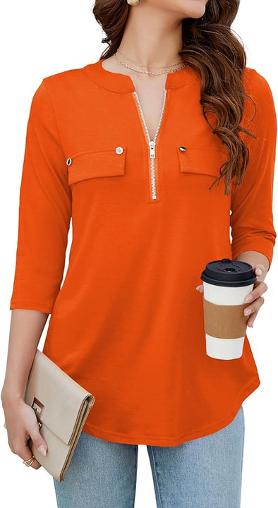 Womens 3/4 Sleeve Business Casual Tops Zip V Neck Work Tunic Blouses Shirts